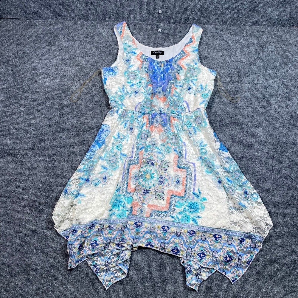 Love‎ Reign Women Blue Coral Medallion Lace Handkerchief Hem Dress Large